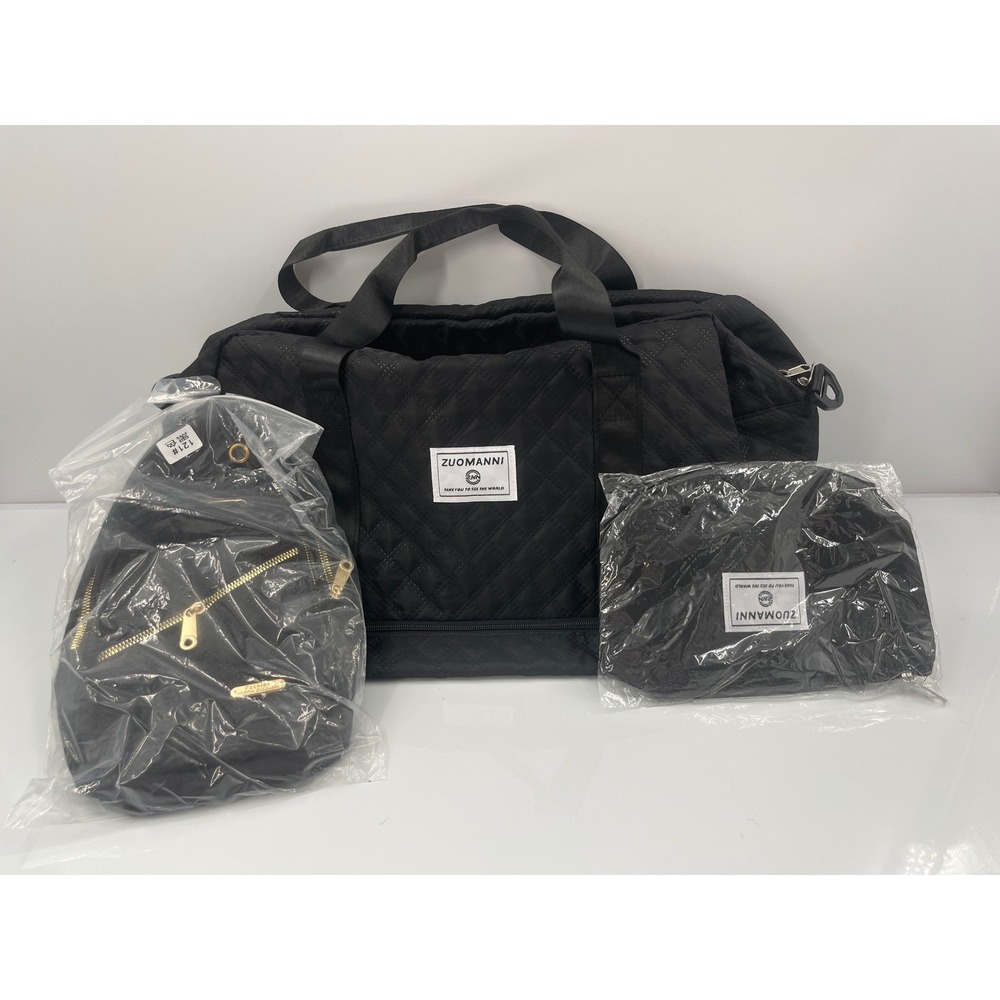 Zuomanni 3pc Black Quilted Travel Set Duffel Bag Shoe Compartment Sling &‎ Pouch